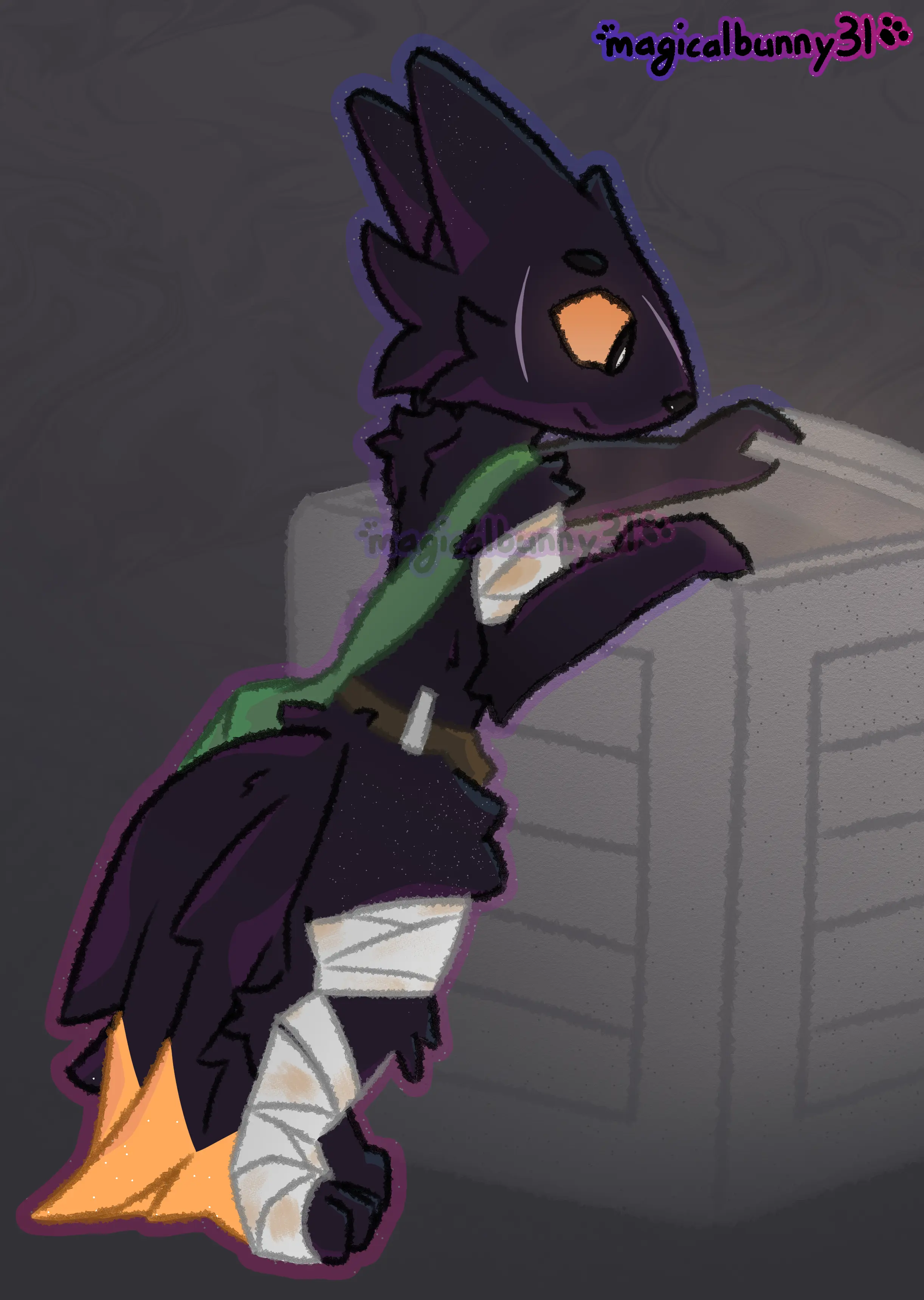 a dark-furred anthropomorphic fox-rat hybrid creature with a yellow-orange dipped tail. they're wearing a pale green satchel, has limb-wrap bandages on their right leg, and has a bandaged upper right arm - both covered in yellowish-scraped blood. they're looking into a white wooden crate, with a golden glow radiating from the opened top, with a slightly happy expression.
