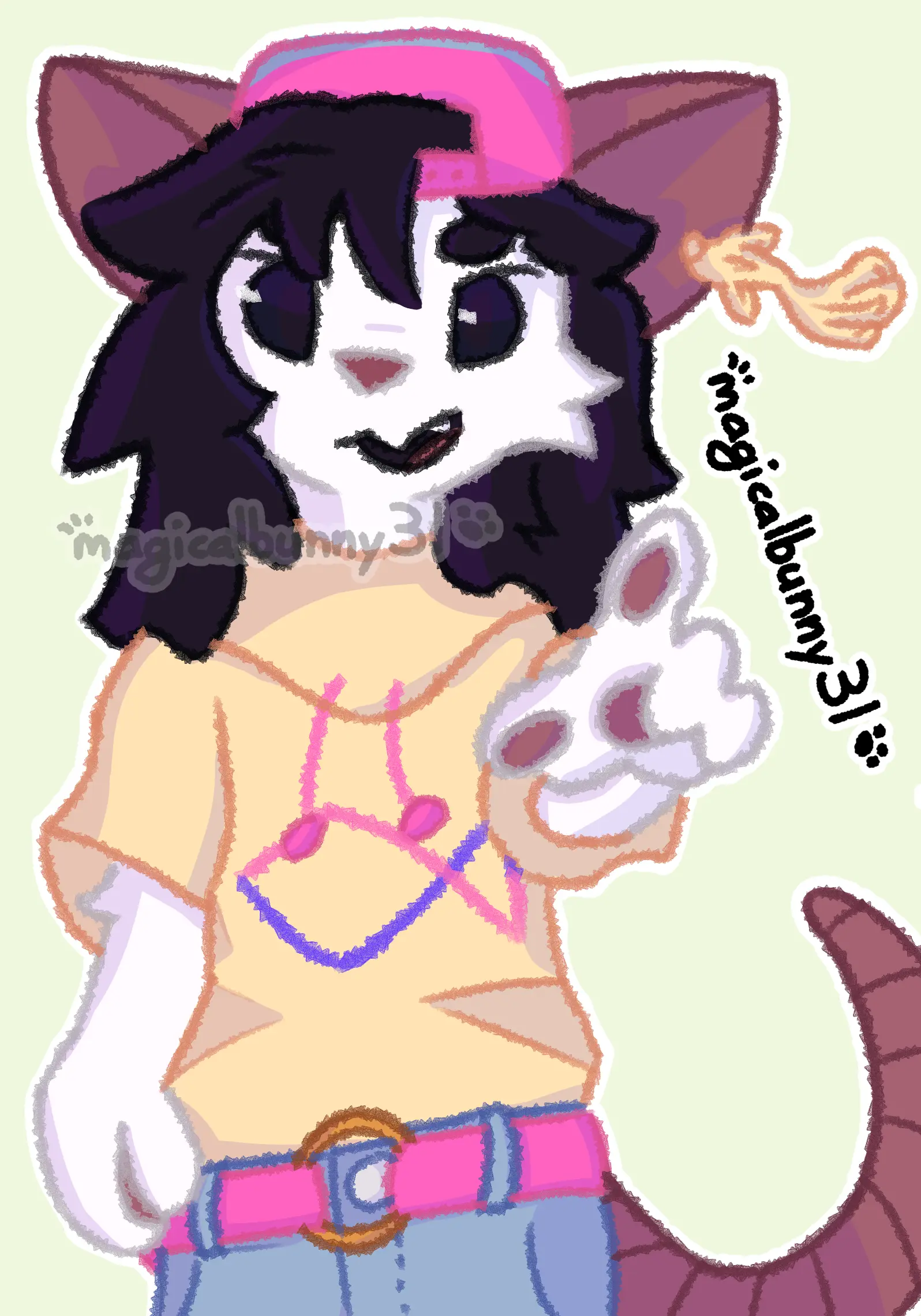 a white rat with black hair wearing a retro-themed outfit consisting of a pale yellow hooded shirt with a fish logo, light blue jeans, a hot pink belt with a gold ring, a blue-pink backwards cap, and a fish earring. she is pointing and staring at the viewer with a devilish look with her left paw.