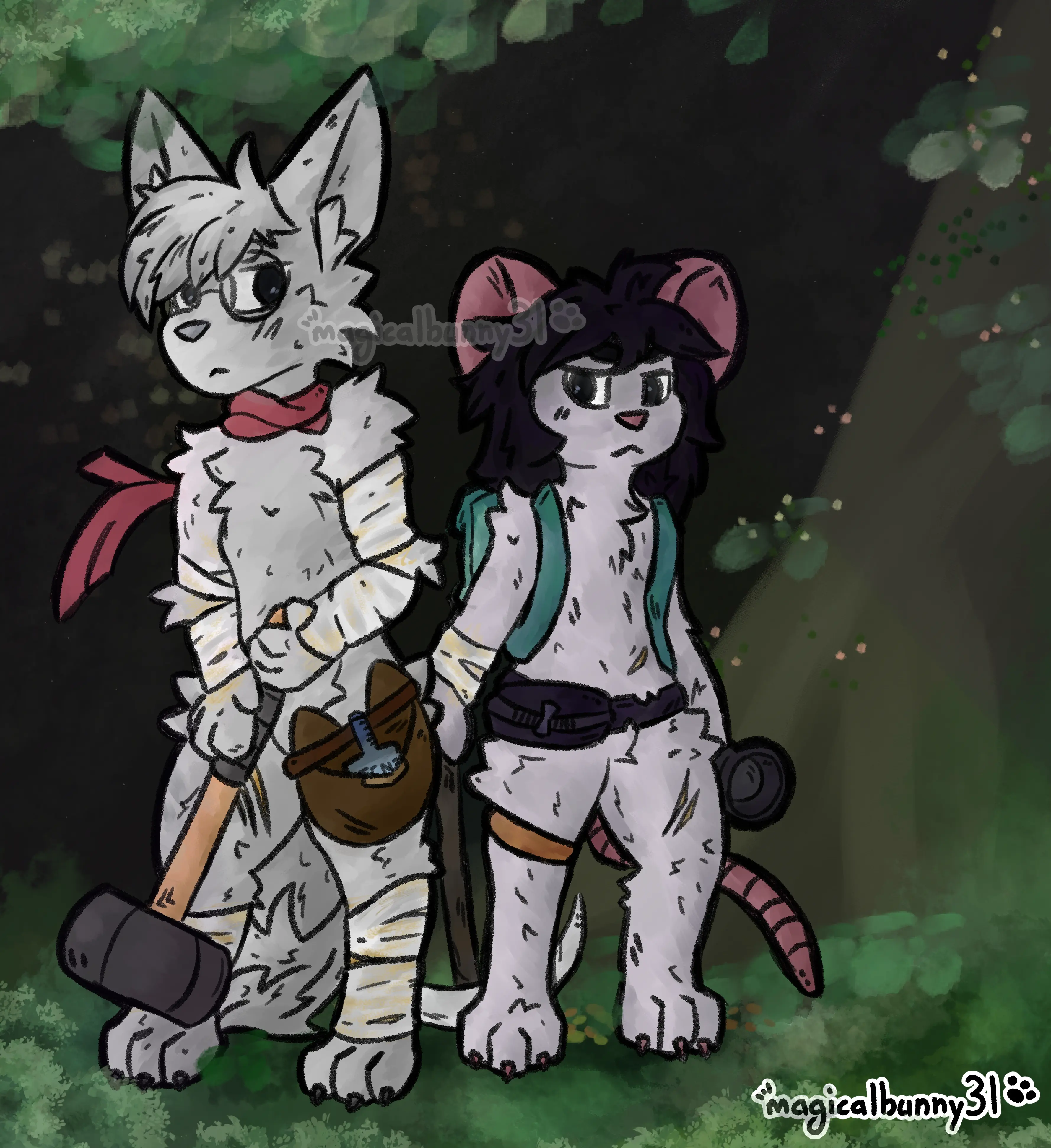 a white cat-fox with a red scarf holding a sledgehammer and wearing a leg pouch containing a blue opioid container named "FENT". beside them is a white rat holding a pickaxe and a flash light that's turned off wearing a teal backpack and a fanny pack and a band on her leg. both have scratched-wounds with scuffed-like fur and yellow-ish blood all over their bodies, wrapped in medical dressings around their wrists, arms, and legs. they are against a mysterious dark background where light-coloured foliage overhang by a large brown tree.